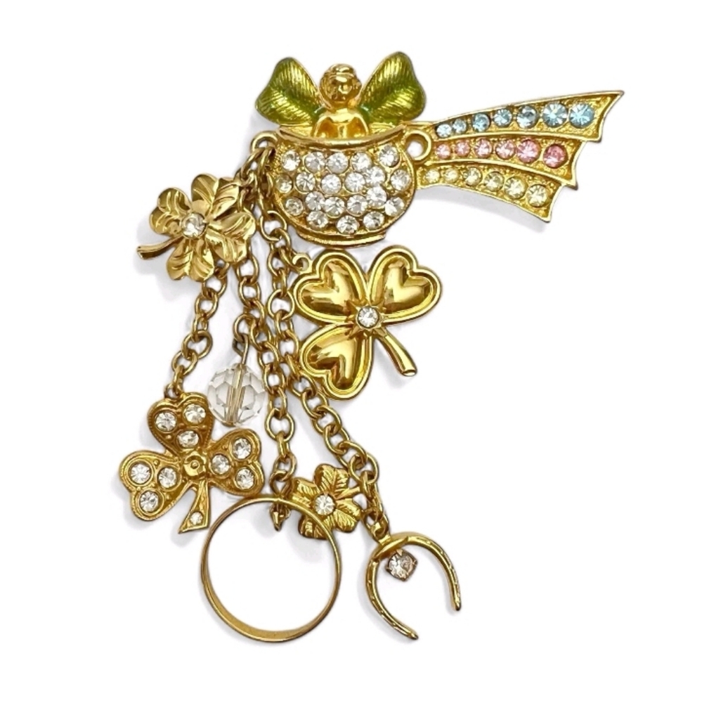 Vintage Kirks Folly Rainbow Clover Lucky Pot Of Gold Dangle Rhinestone Brooch